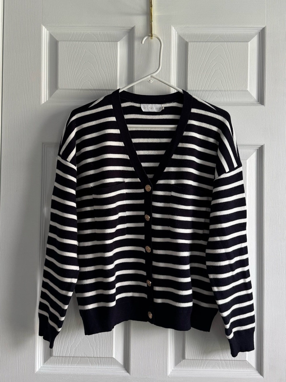 Striped Navy and White V-Neck Button Cardigan